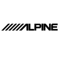 Black Alpine car audio wordmark with diagonal stripes