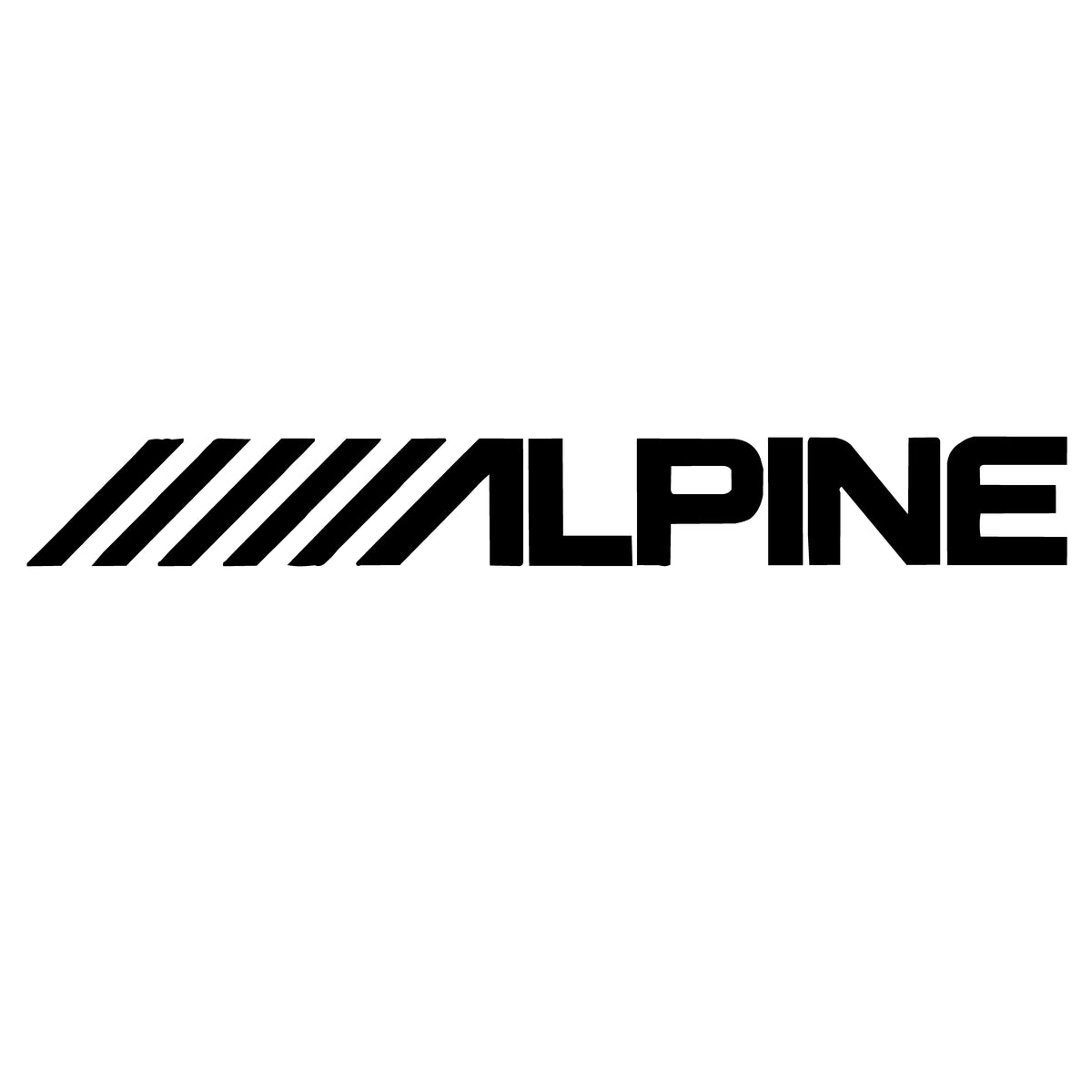 Black Alpine car audio wordmark with diagonal stripes