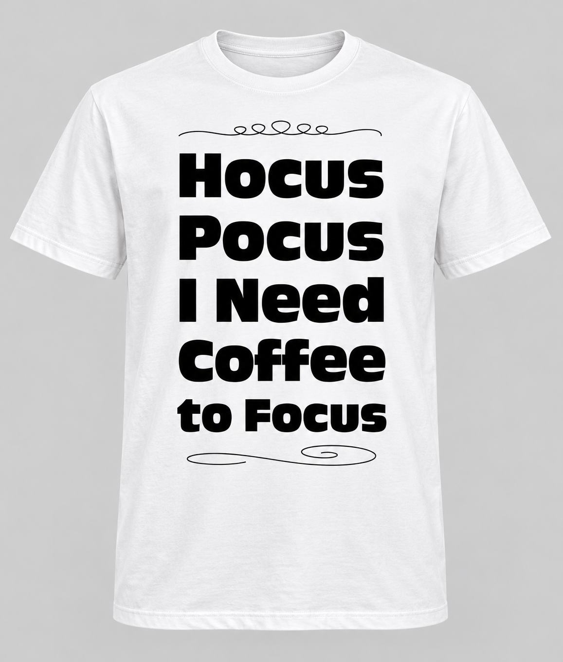 Hocus Pocus, Coffee to Focus T-Shirt centered front print, White shirt preview