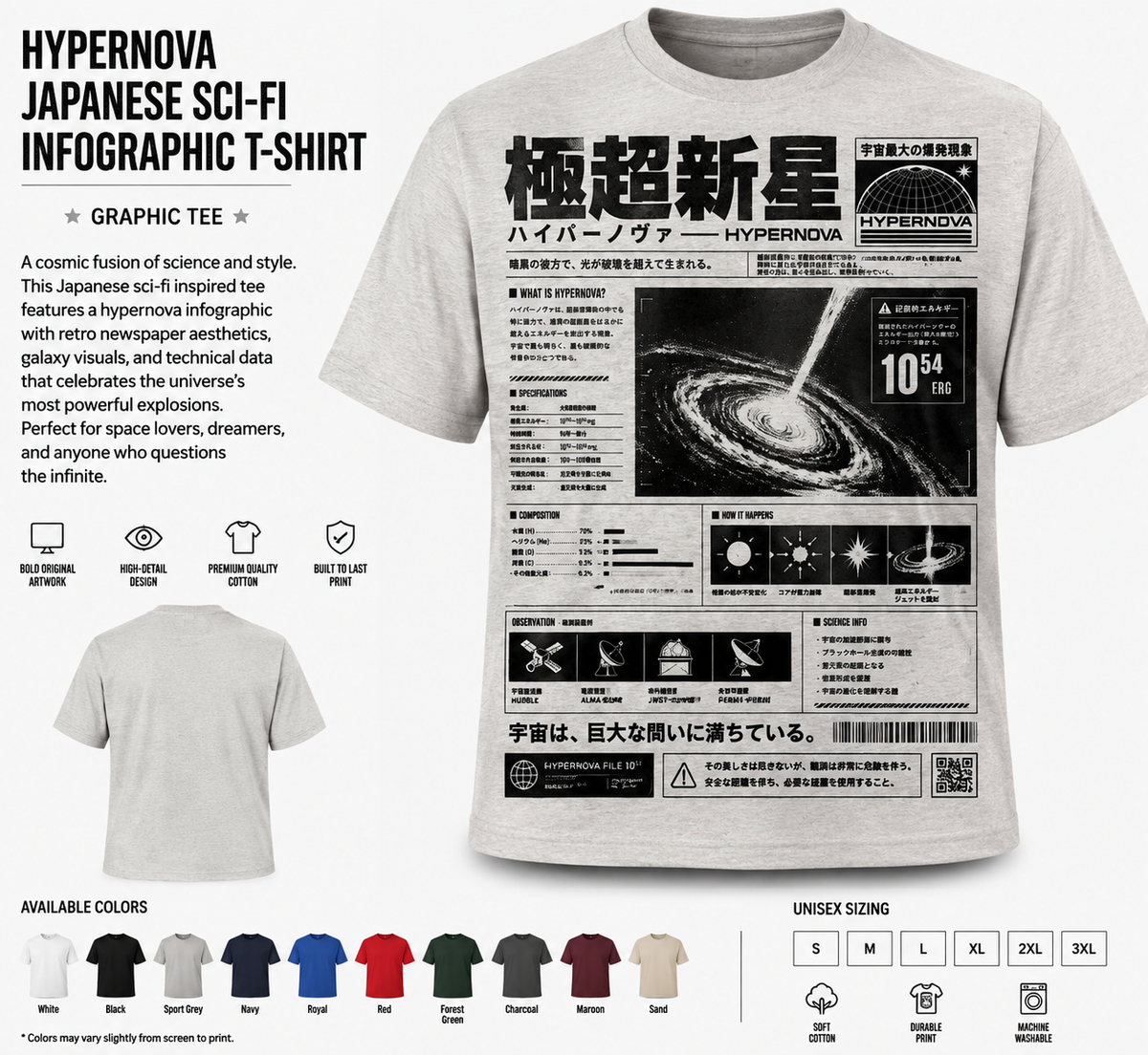 Hypernova Japanese Sci-Fi Infographic T-Shirt product mockup