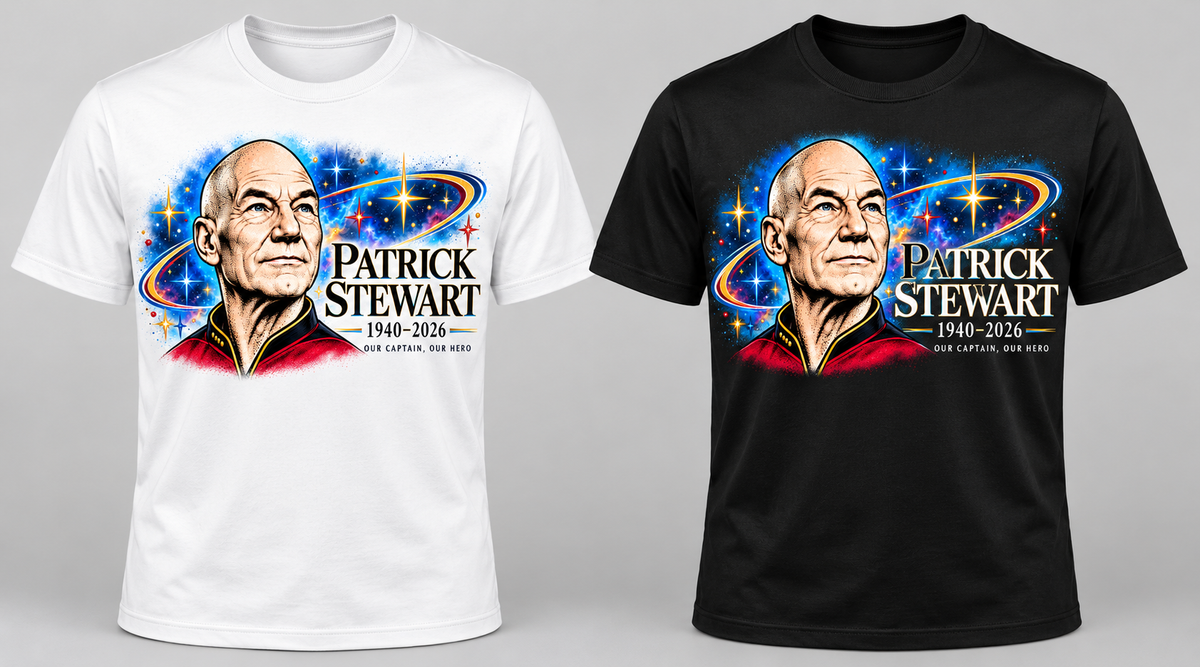Patrick Stewart, Our Captain, Our Hero T-Shirt centered front print, White and Black shirt preview
