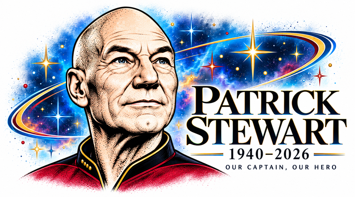 Design reference artwork — T-shirt mockup pending: Patrick Stewart, Our Captain, Our Hero