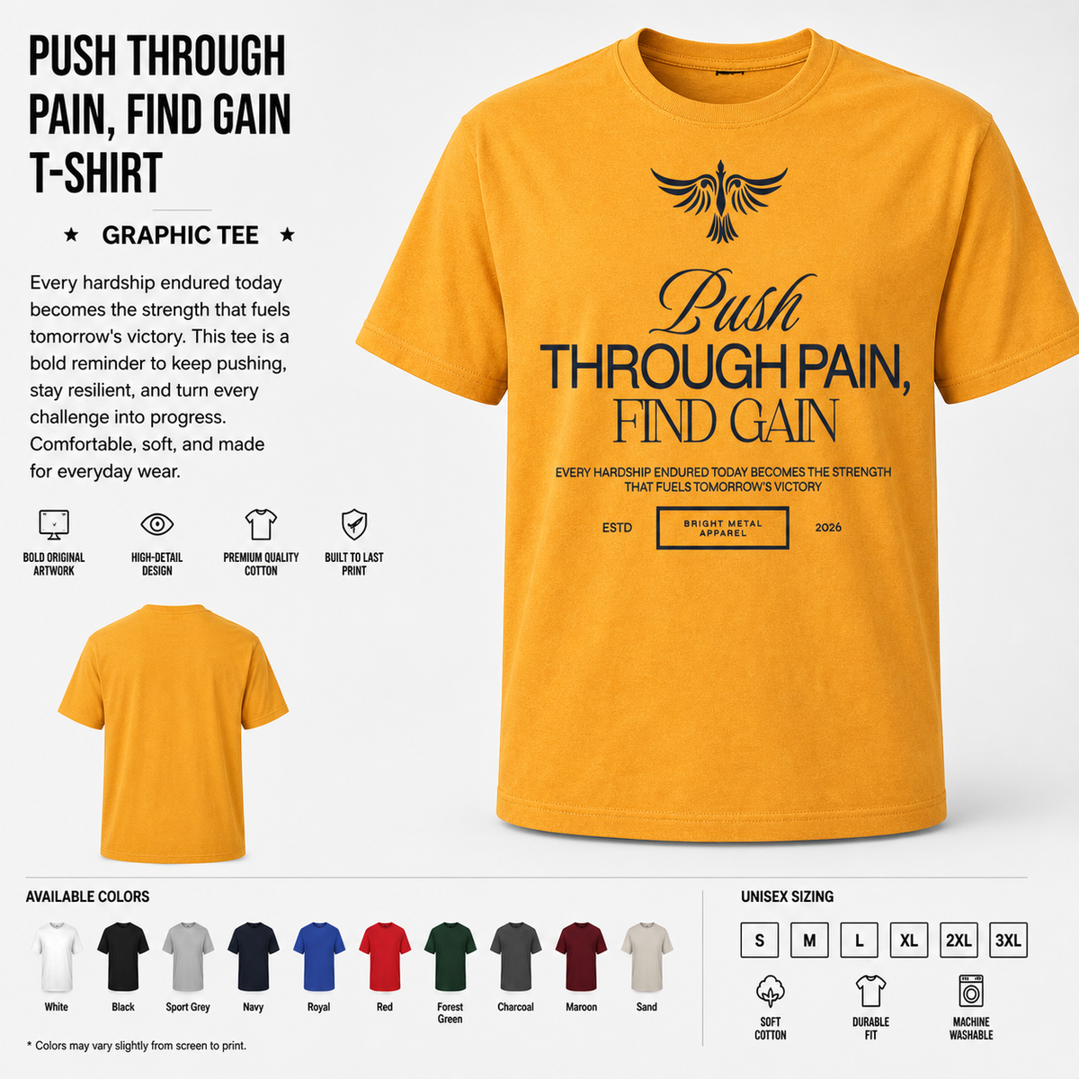 Push Through Pain, Find Gain motivational graphic T-shirt product mockup