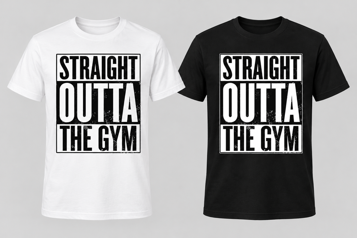 Straight Outta the Gym T-Shirt centered front print, White and Black shirt preview